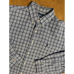 VTG Polo Ralph Lauren Shirt Mens Large Blue‎ White Plaid Button Up Tartan Twill